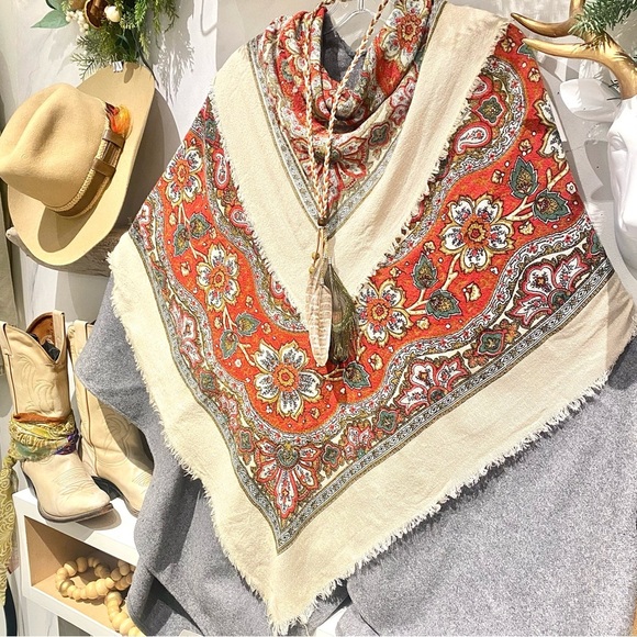 Wool blend vintage floral scarf/wrap w farmhouse folk country vibe - Picture 2 of 15